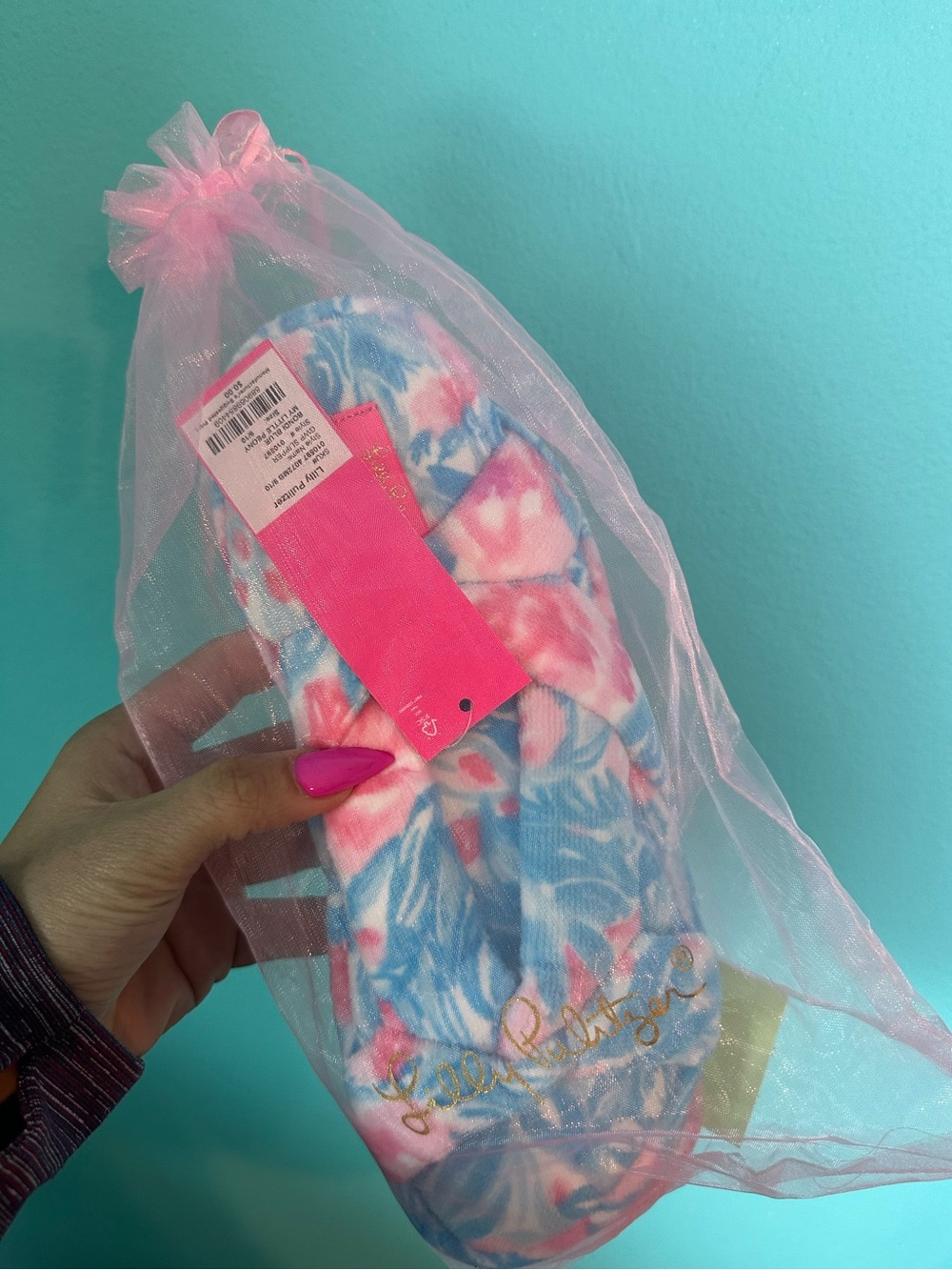 #288 NWT Lilly Pulitzer Pink & Blue Tie-Dye Plush Slippers 9/10